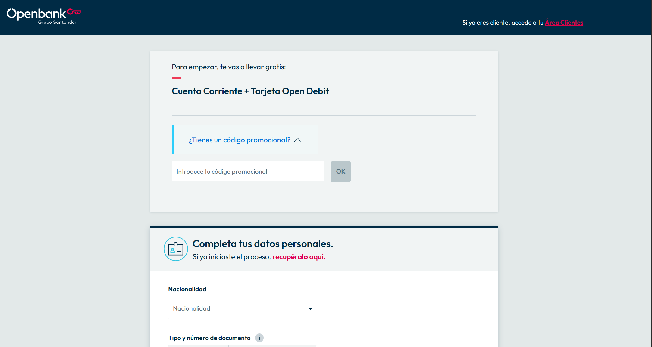 Captura de pantalla: dónde introducir el código de referido en Openbank